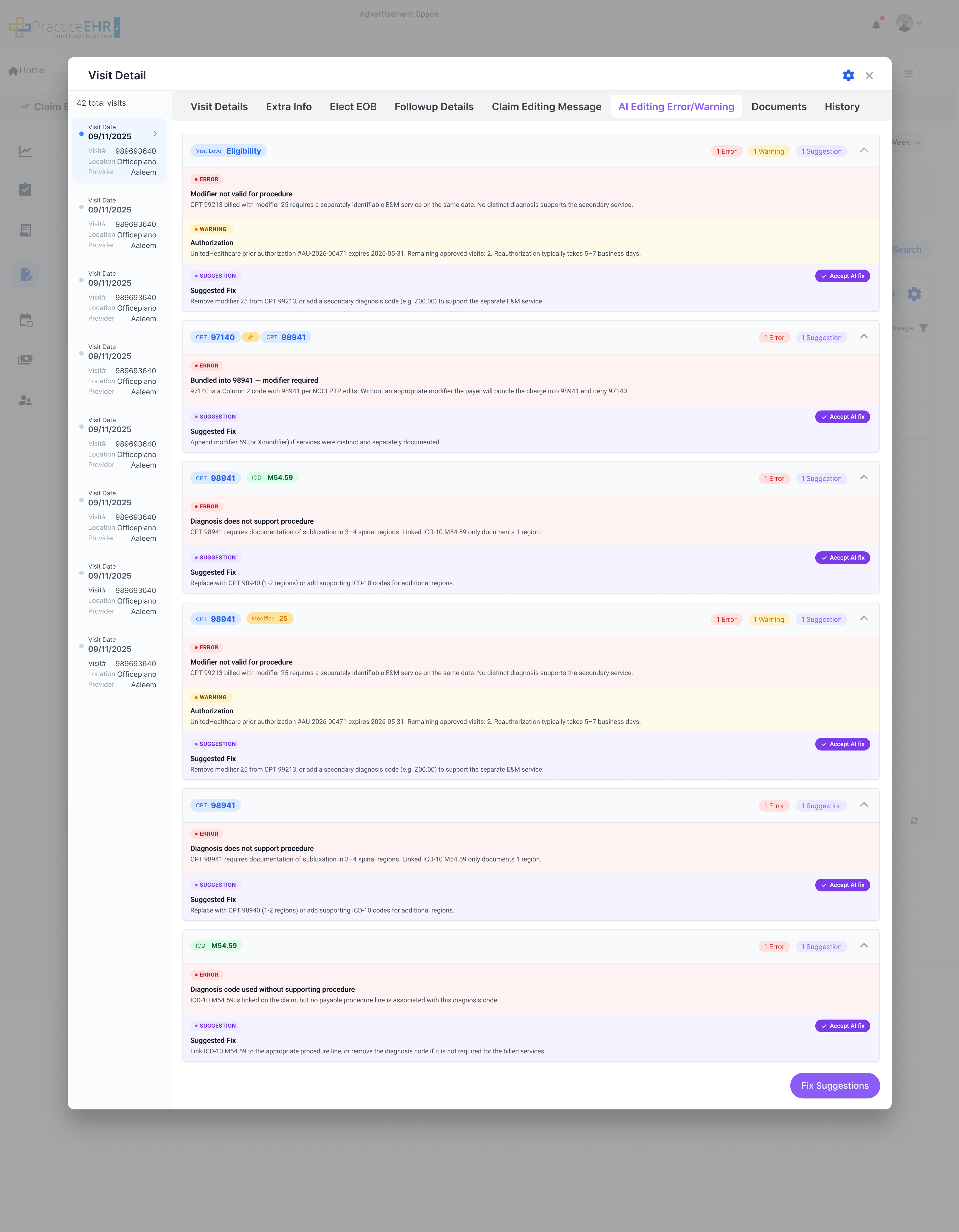 Visit Detail AI Editing Error/Warning